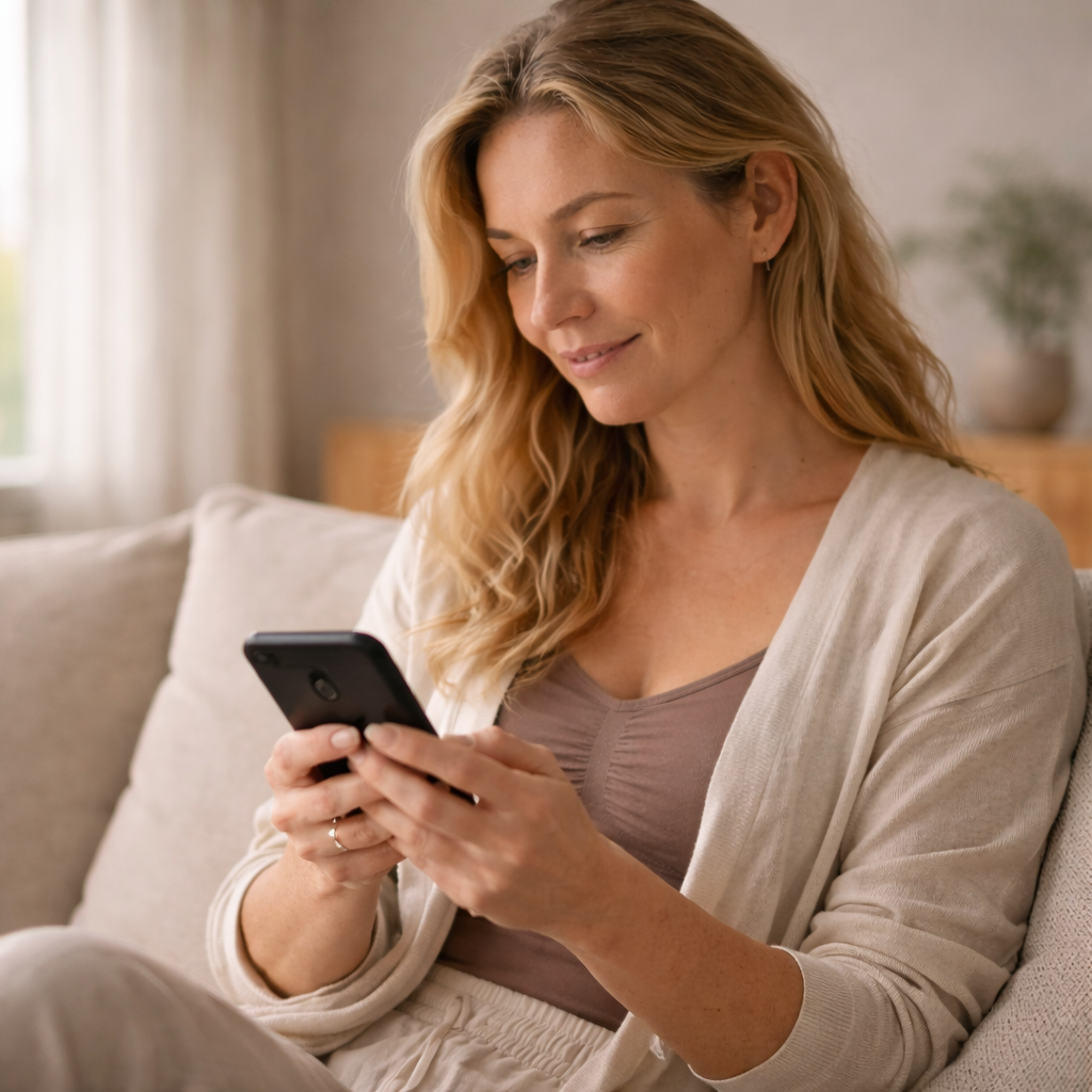 Een vrouw die gemakkelijk contact opneemt met NOVYRE via Whatsapp zittend op haar bank